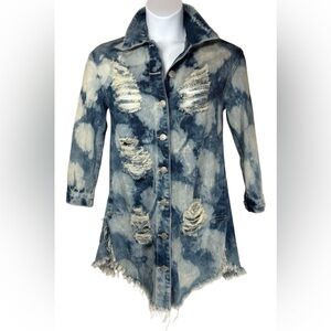 Distressed Denim Grunge Festival Jacket with Button Closure